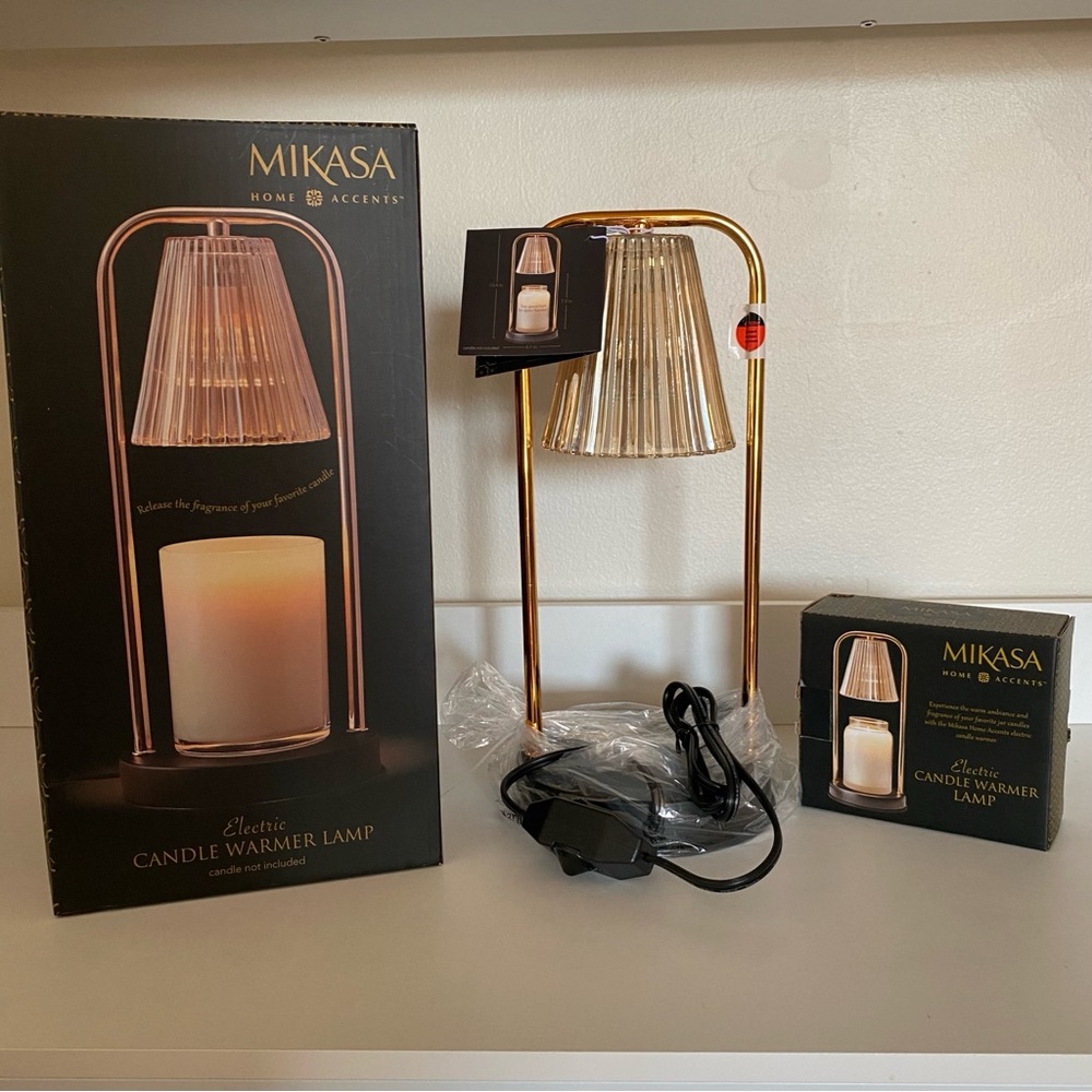 Mikasa Lamp Wax Warmer Glass Candle Gold Black NEW NIB Gift Table Tall Dimmable